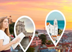 Mädchen in Lissabon bei Sonnenuntergang mit zwei Symbolen von der Stadt