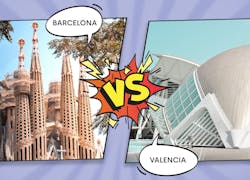 Sagrada Familia in Barcelona neben einem Bild von Valencia und dazwischen ein VS. und Sprechblasen