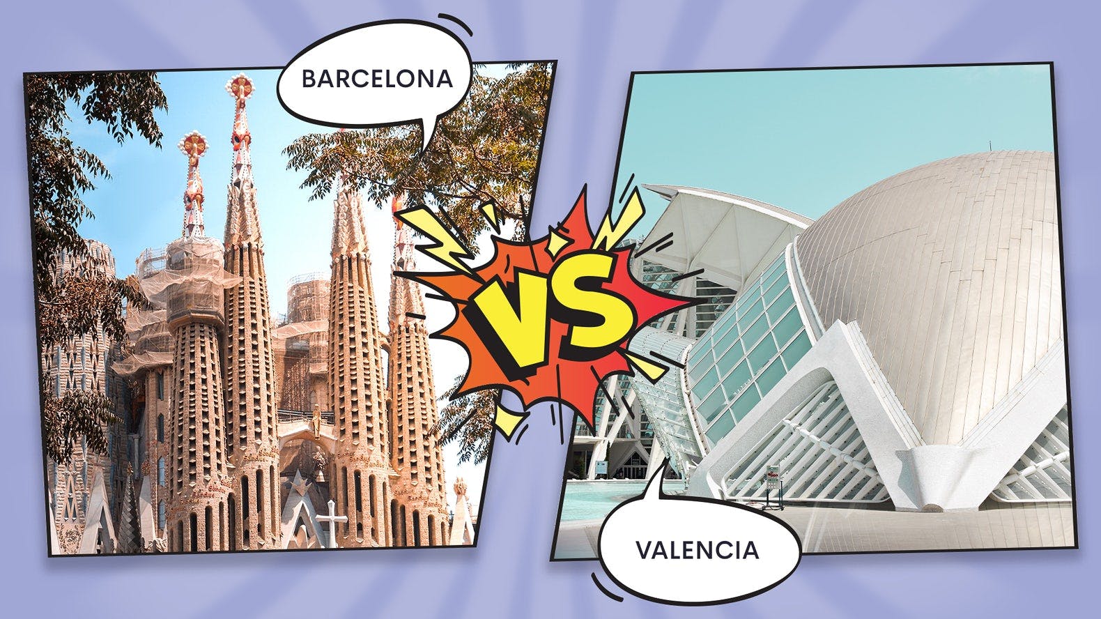 Sagrada Familia in Barcelona neben einem Bild von Valencia und dazwischen ein VS. und Sprechblasen