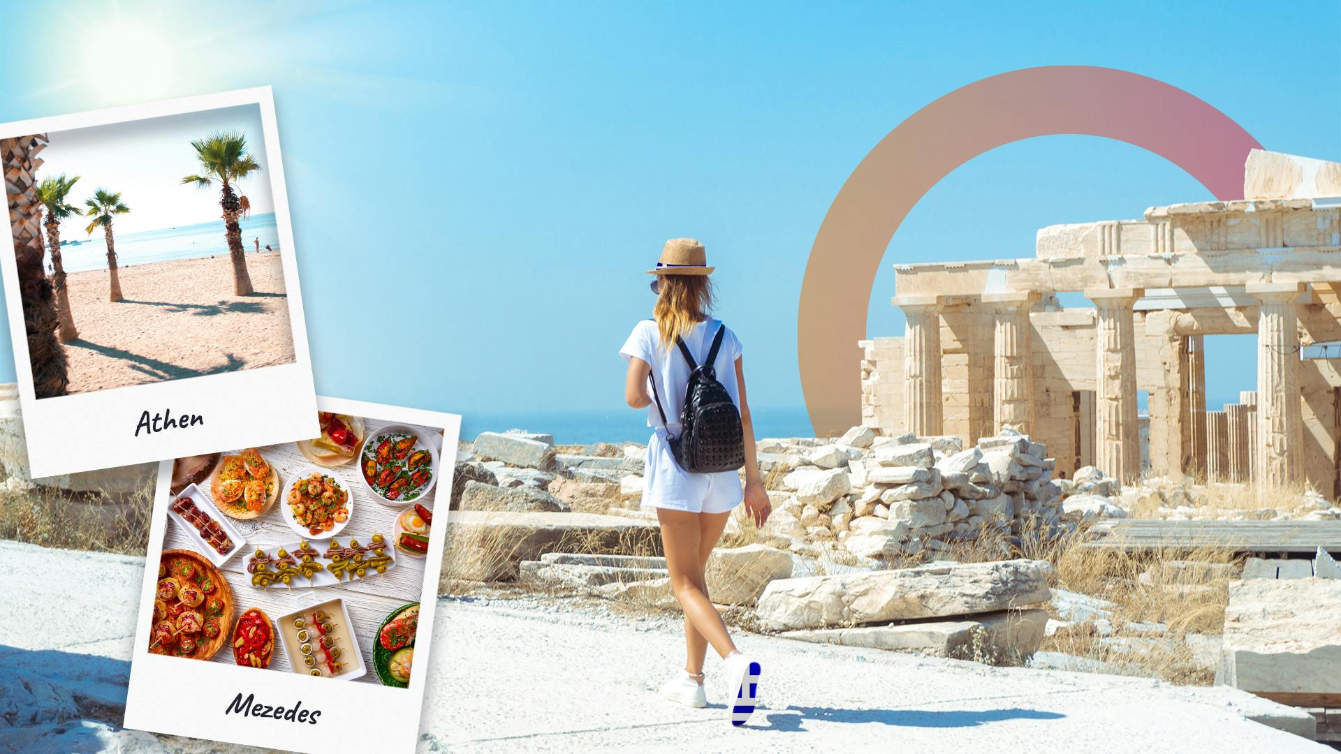 Frau mit einem Rucksack läuft neben der Akropolis und daneben zwei Polaroid Bilder aus Griechenland