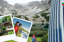 zwei Polaroid Bilder mit einem Mann und einer Frau in den Bergen vor einem Tal