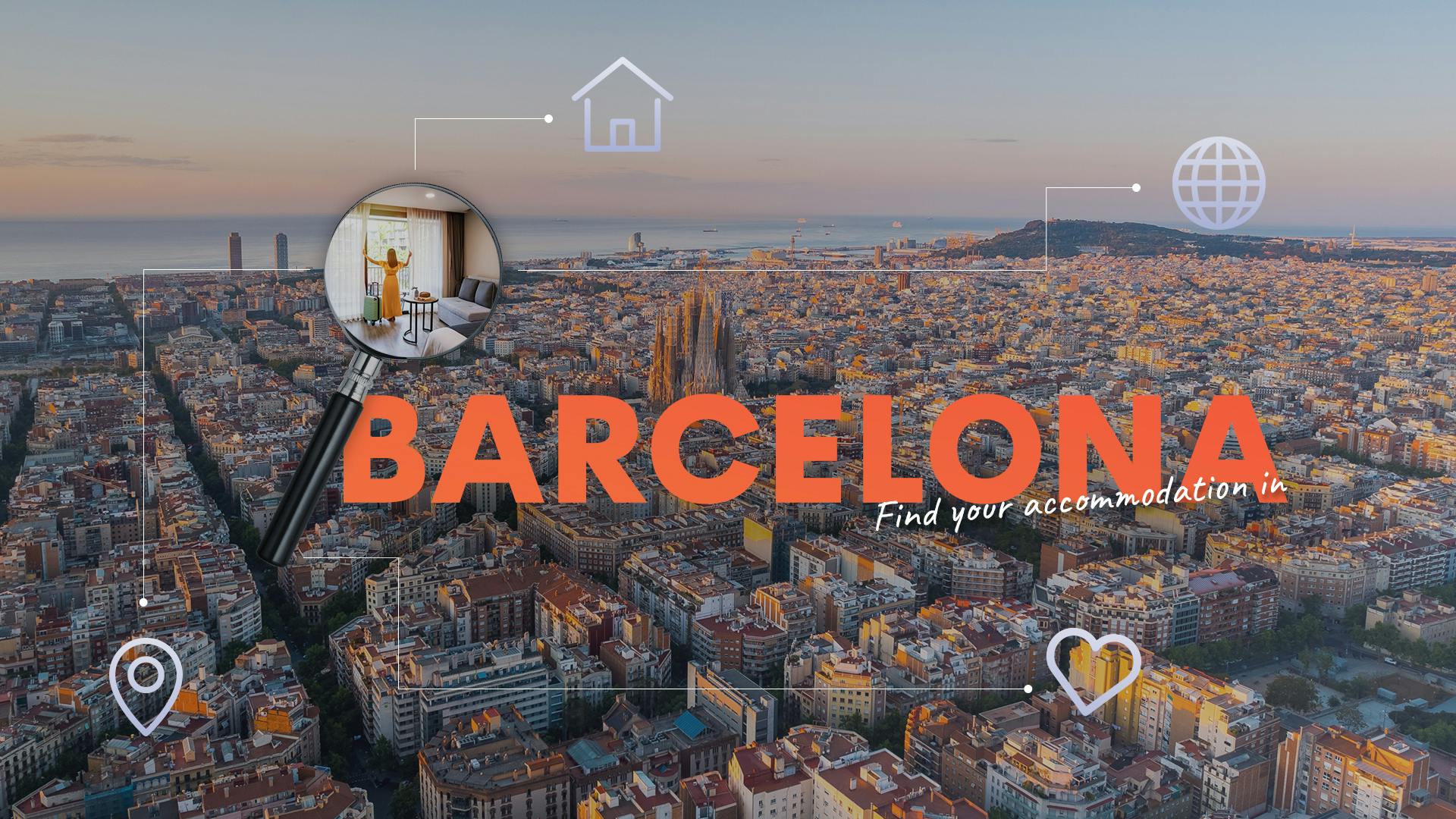 Schriftzug "Barcelona" neben einer Lupe und Barcelona im Hintergrund
