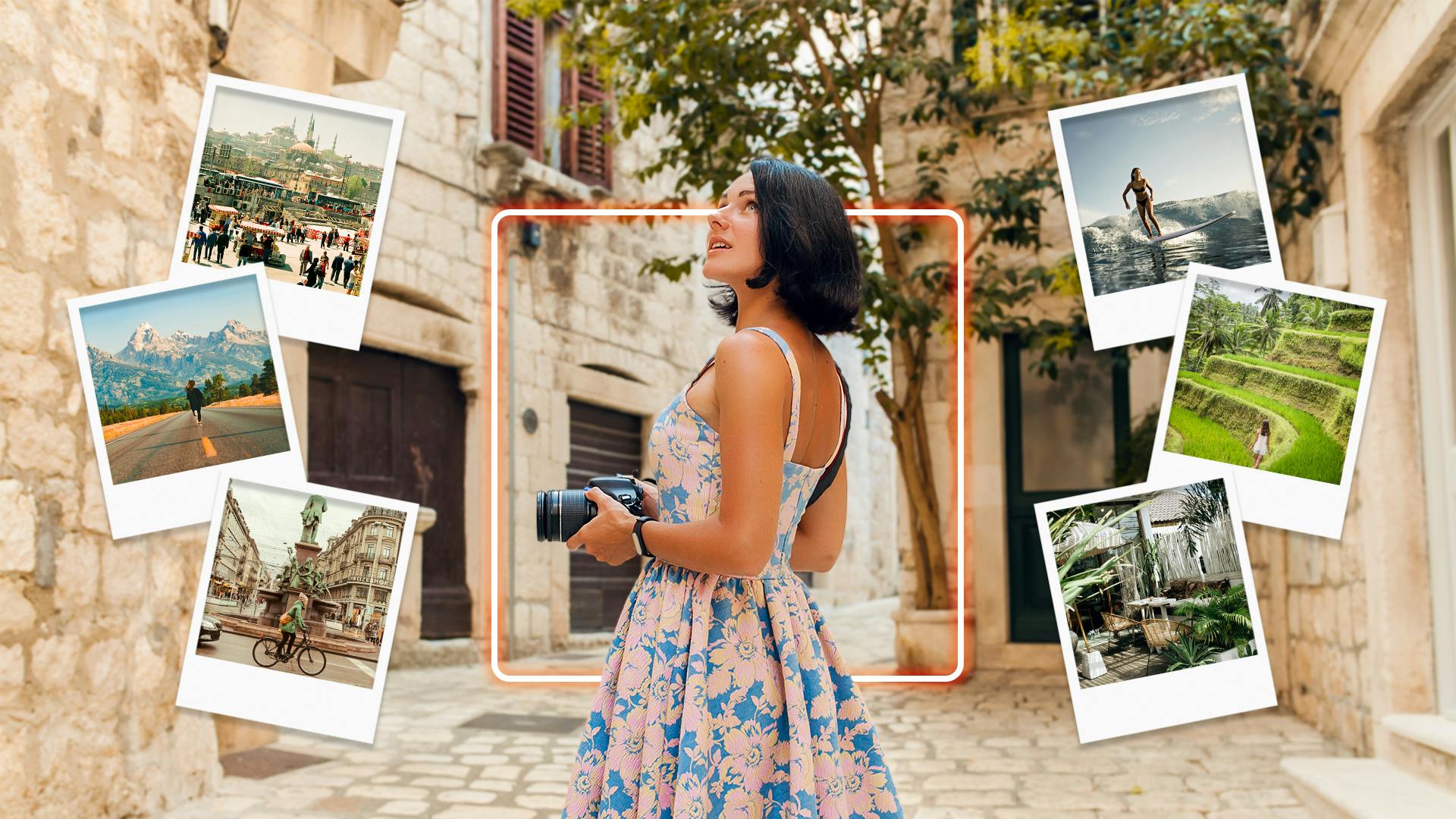 Frau mit einer Kamera in der Hand neben vielen Polaroids