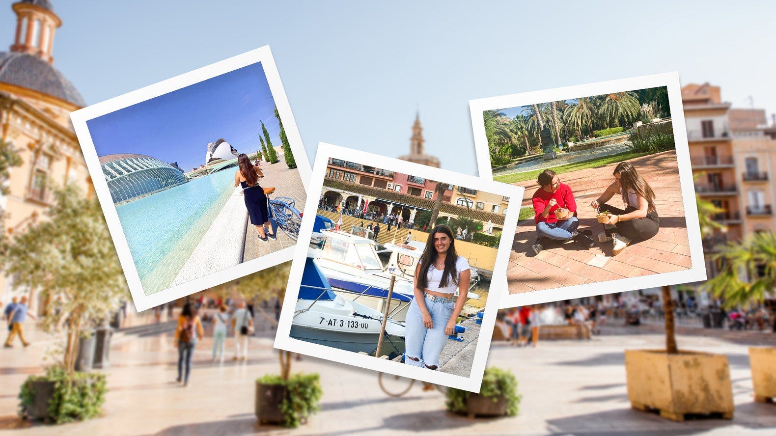drei Polaroid Bilder von einem Mädchen in Valencia, am Wasser und von zwei Freunden