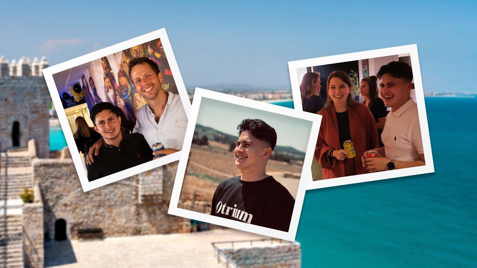 drei Bilder von einem Jungen mit seinen Freunden und im Hintergrund das Meer