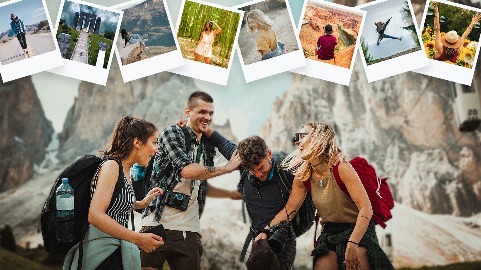 eine Gruppe junger Leute mit Rucksäcken in der Natur unter kleinen Polaroid Bildern