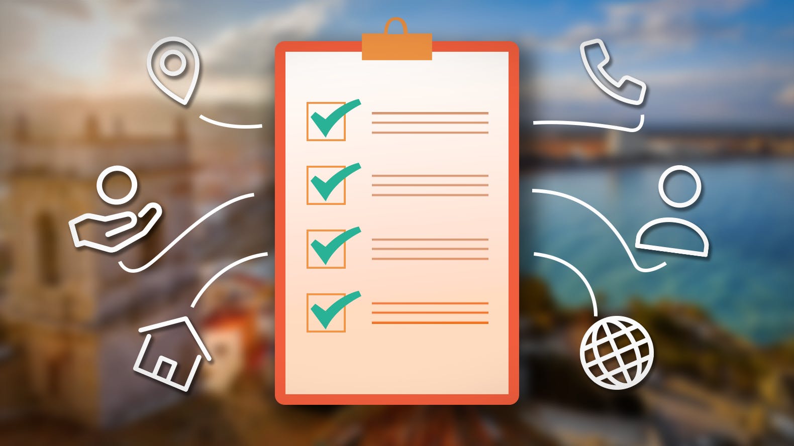 rote Checkliste neben weißen Symbolen