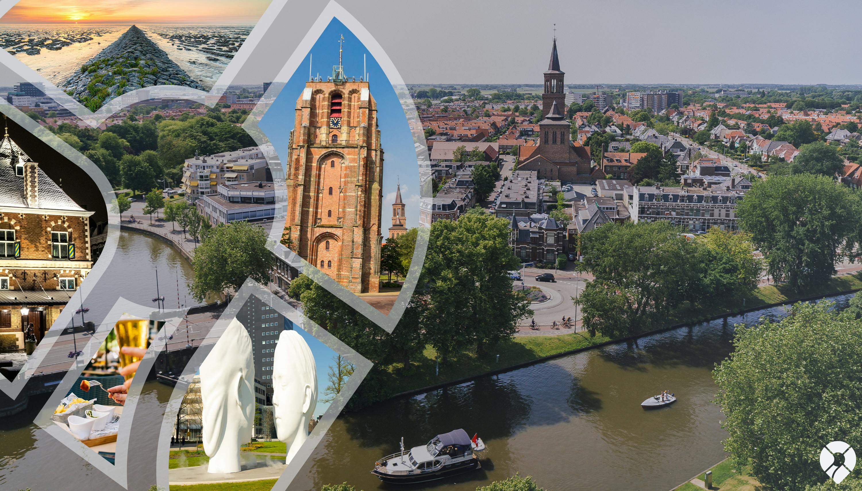 ein Fluss und eine Kirche in Leeuwarden mit kleinen Ausschnitten von der Stadt