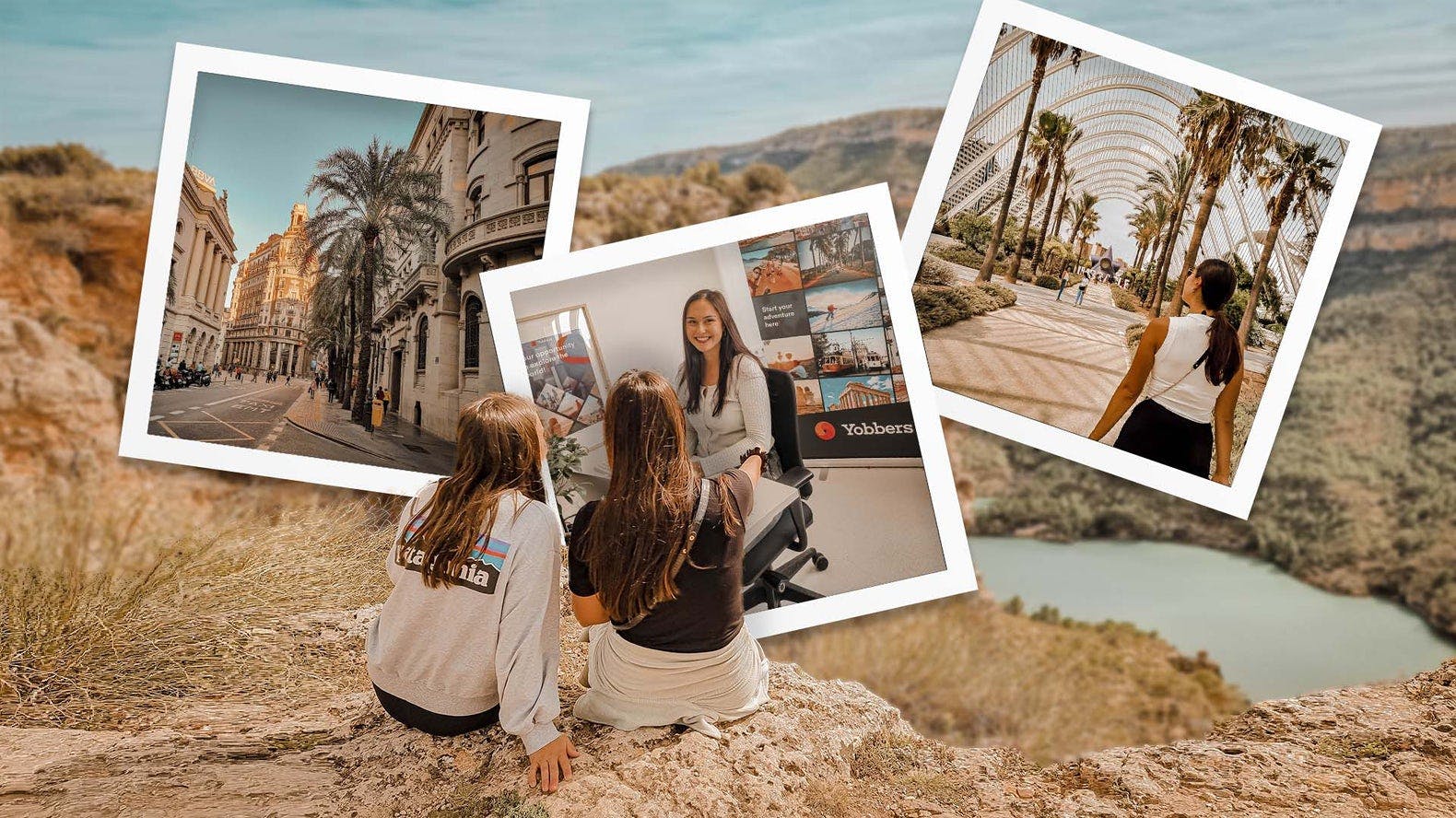 zwei Mädchen sitzen auf einer Klippe und darüber kleine Bilder von Valencia und einem Mädchen unter Palmen