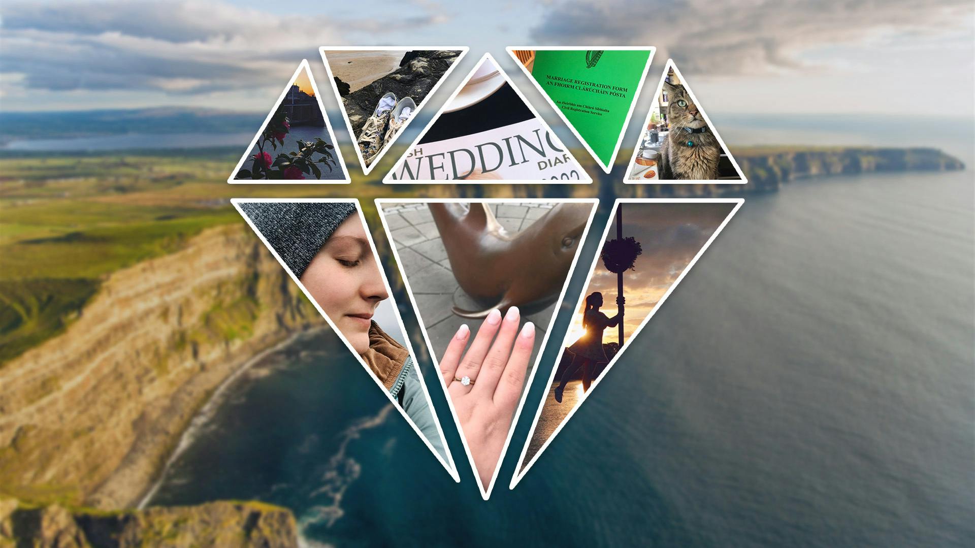 kleine Bilder in Form eines Diamanten und im Hintergrund eine Klippe am Meer