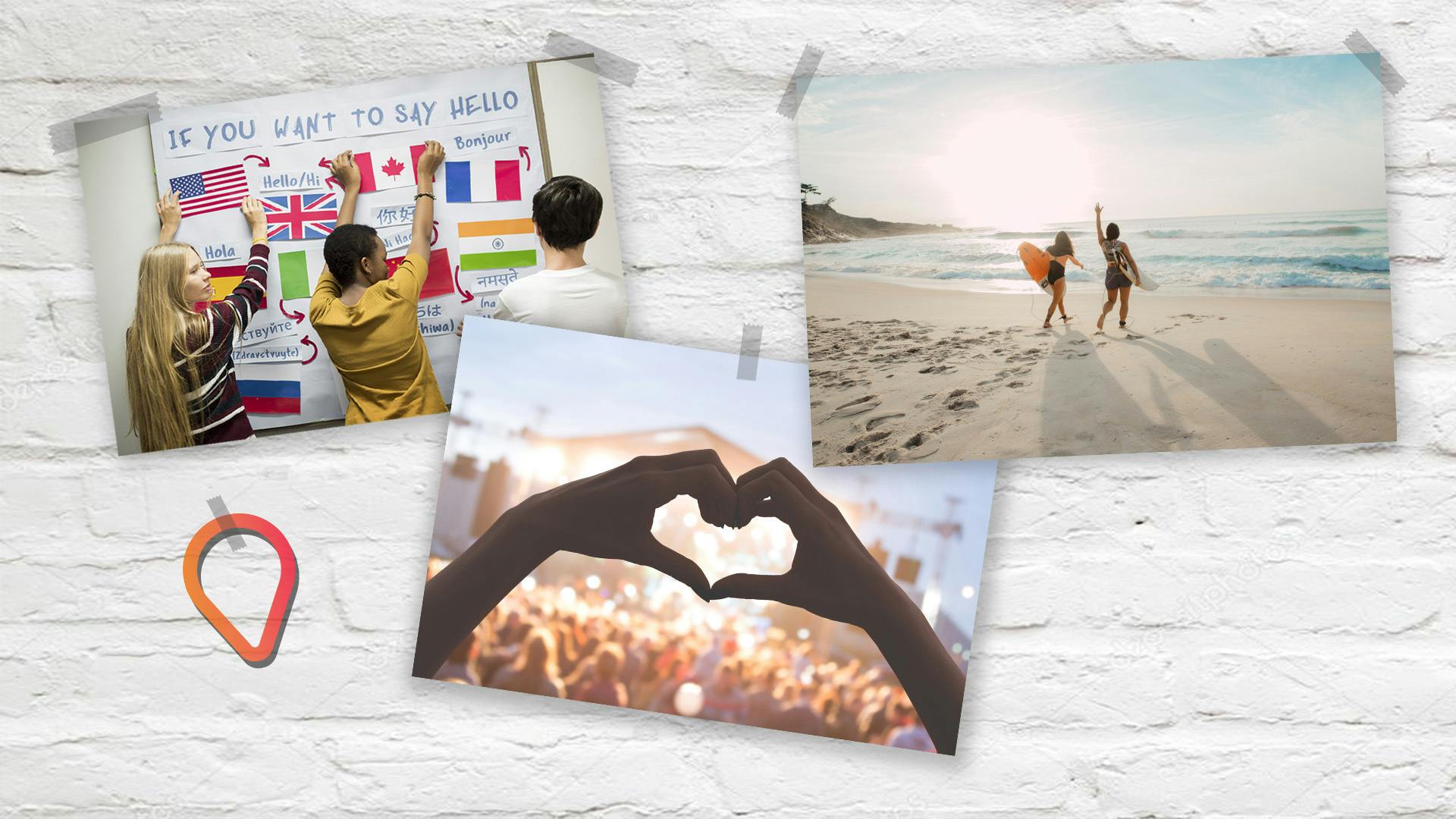Drie foto's: een hand die een hartje maakt, twee personen op het strand en drie jongeren voor een muur met vlaggen