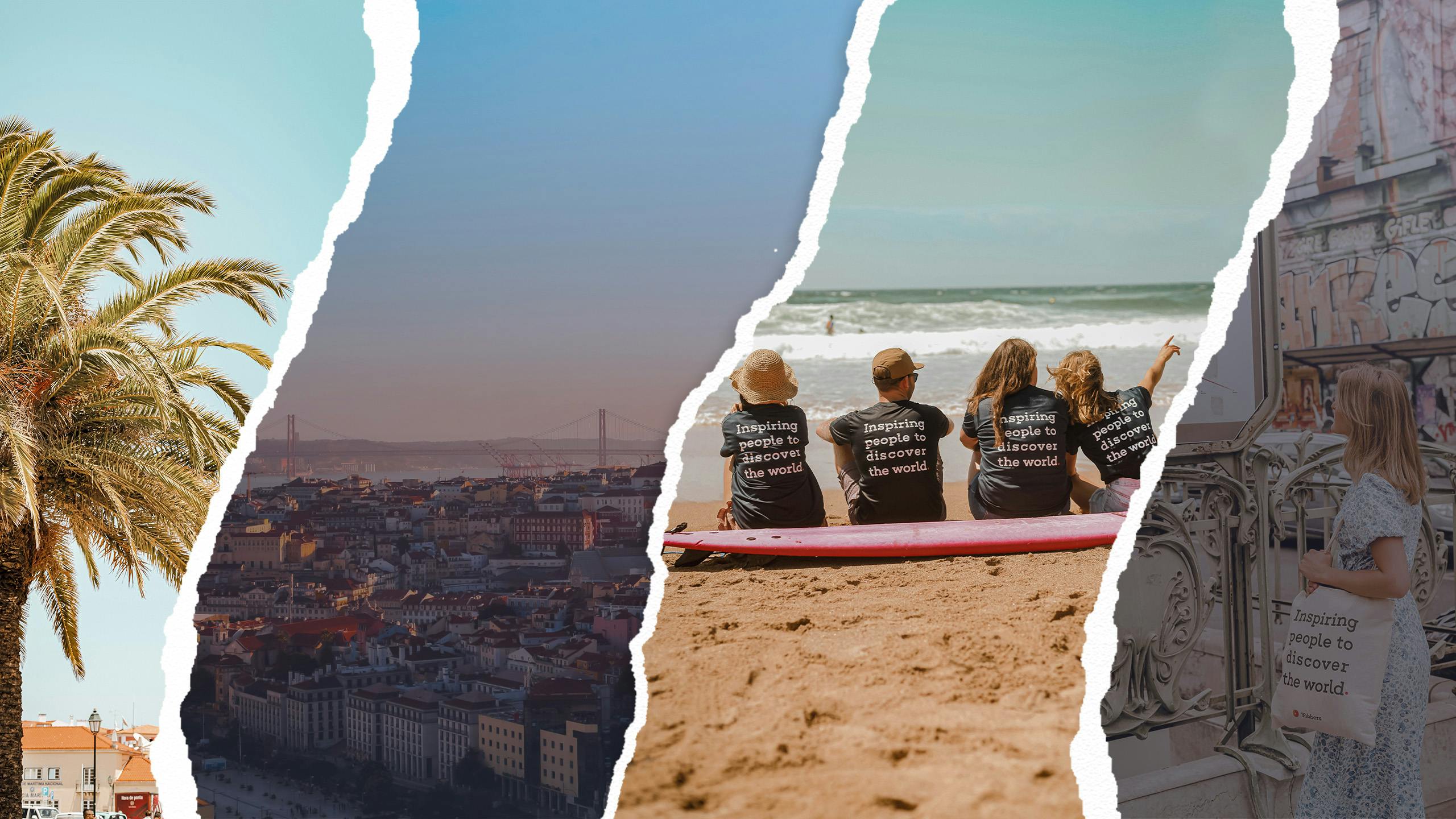 vier kleine Bildausschnitte nebeneinander mit Bildern aus Lissabon, einer Palme und Freunden am Strand