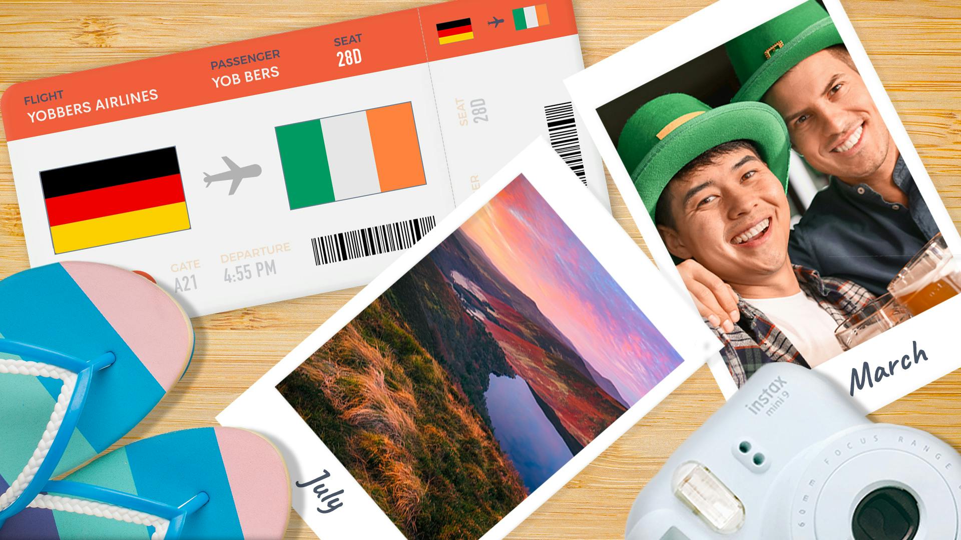 zwei Fotos von von zwei Männern mit grünem Hut und ein Flugticket von Deutschland nach Irland