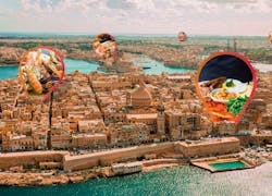 viele Häuser an der Küste von Malta und darüber kleine Bilder von Essen