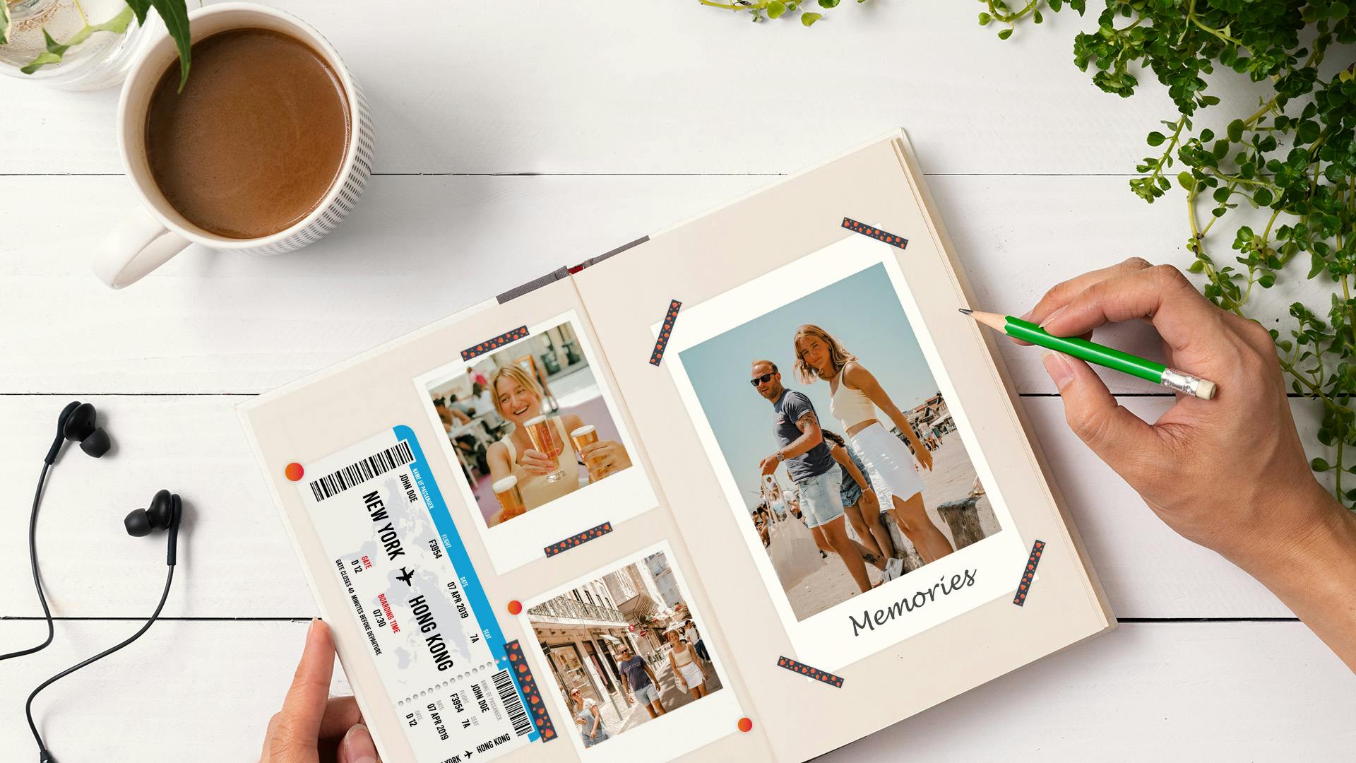 A travel journal that is laying on a table and memories are being added / collected