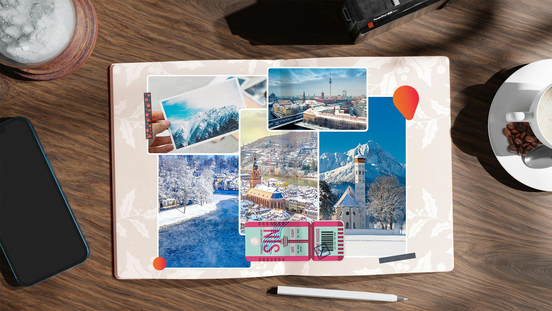 Een travel journal die gevuld wordt met winterse herinneringen