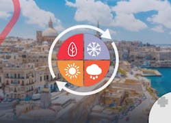 Symbole für die vier Jahreszeiten in einem Kreis mit einem Pfeil und im Hintergrund Malta