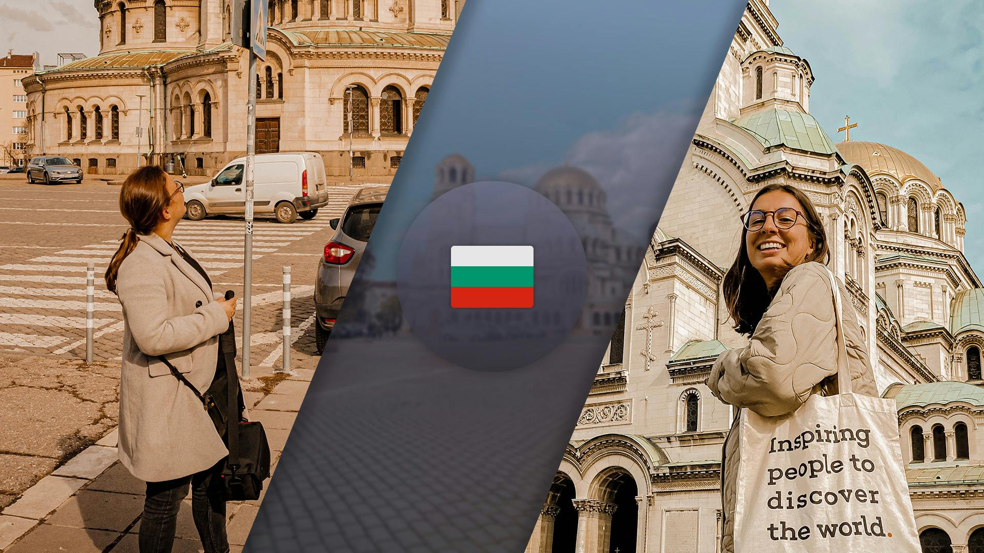 zwei Mädchen vor histroischem Gebäuden und dazwischen die Flagge von Bulgarien