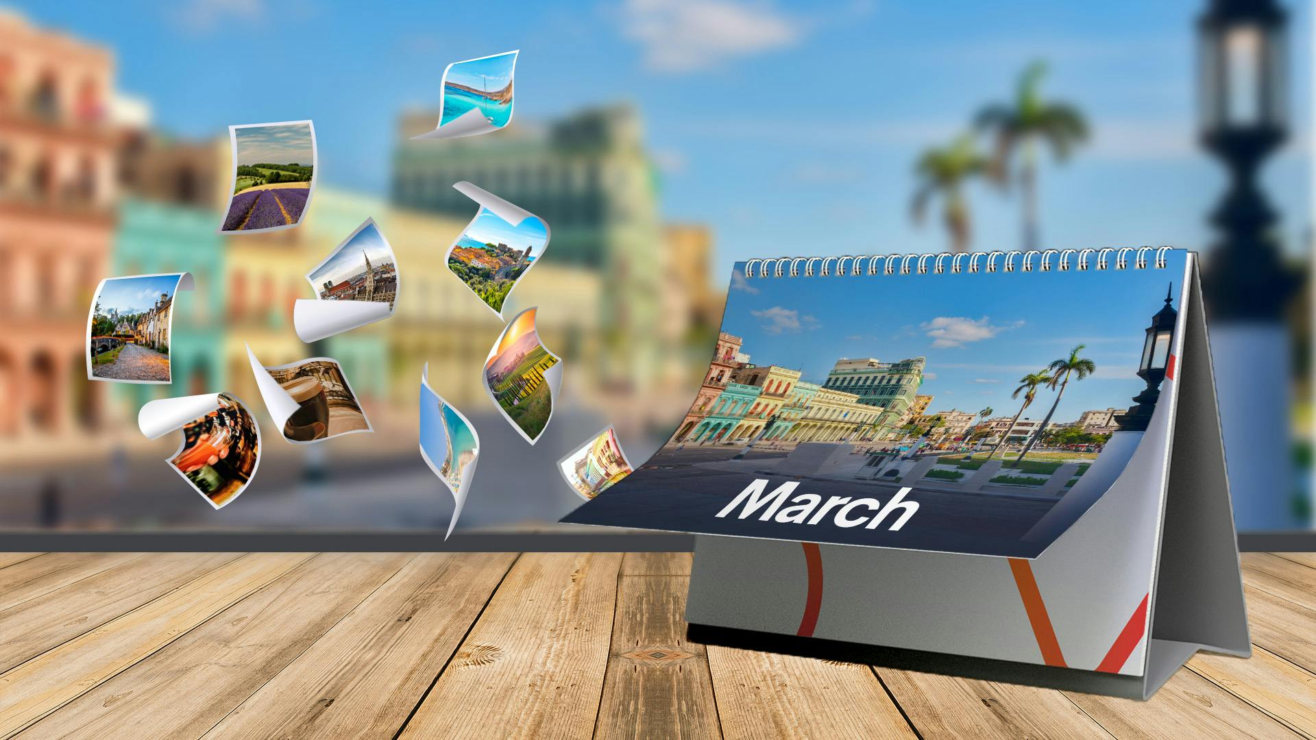 Calendar with polaroid pictures flying out of them