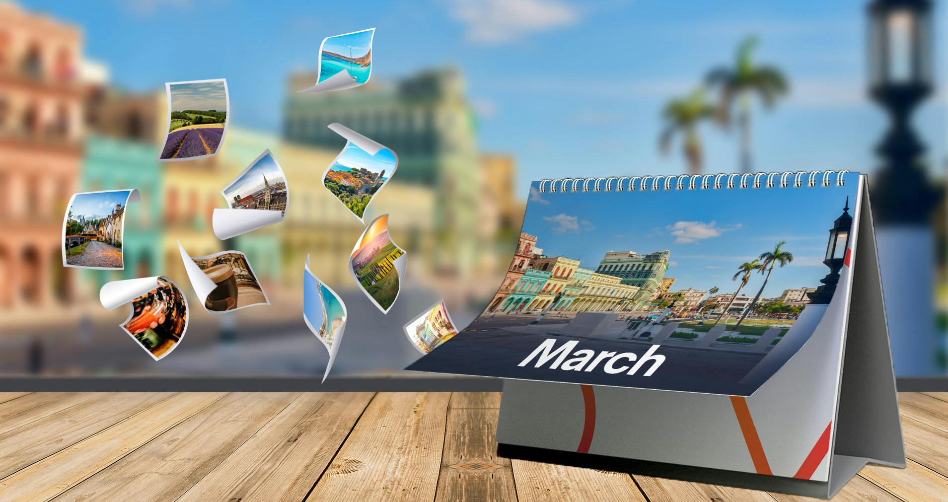 Calendar with polaroid pictures flying out of them