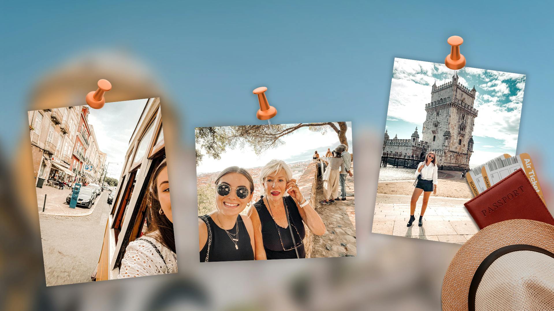 drei Bilder von Frauen in Lissabon mit einem Pass und einem Hut