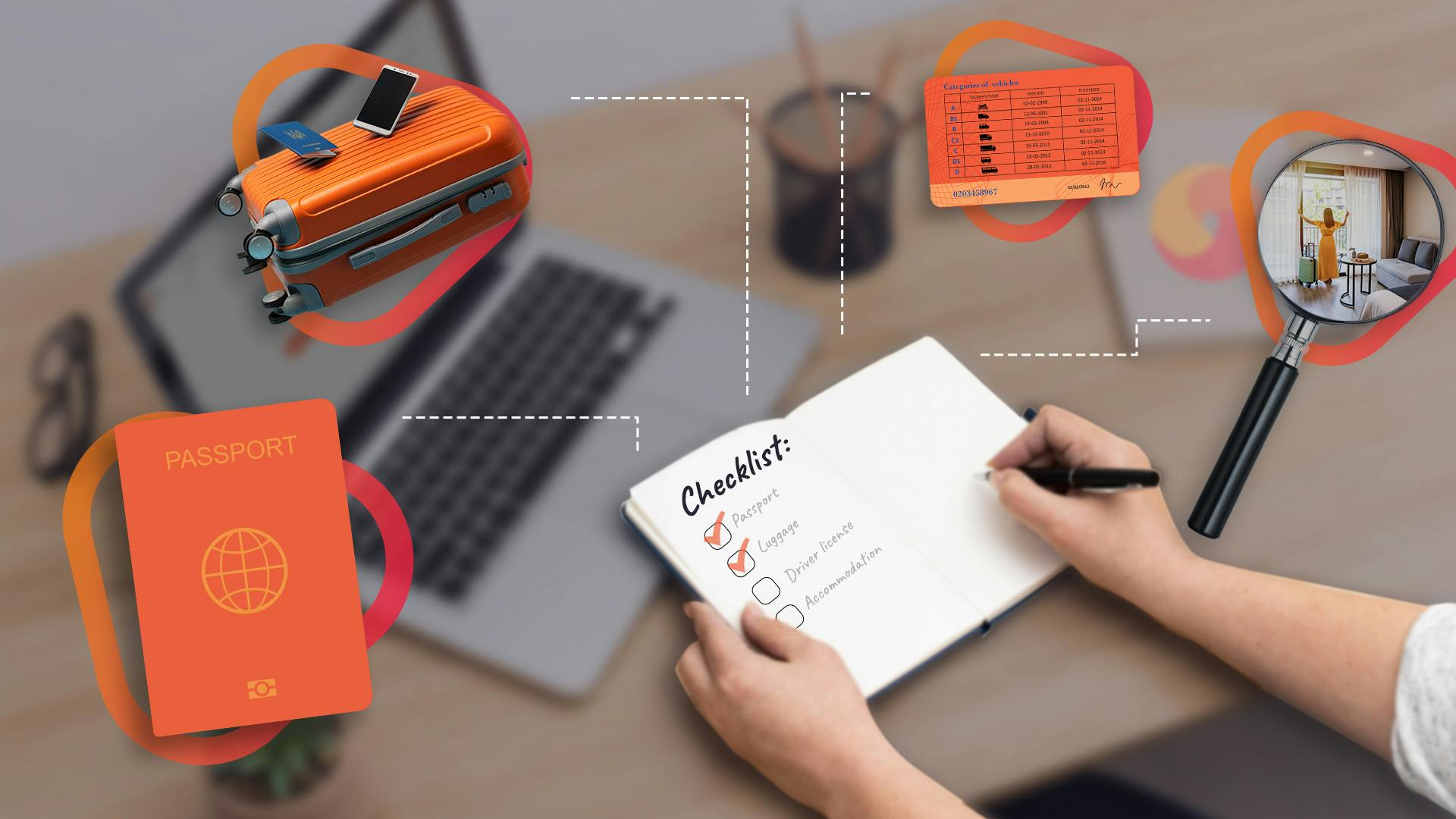 Notizbuch vor einem Laptop und darum herum orangene Symbole von einem Pass, einer Lupe, einem Koffer