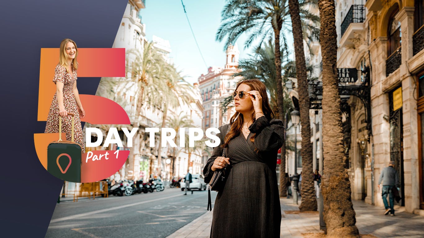 straat met palmbomen en gebouwen met op voorgrond tekst '5 day trips'