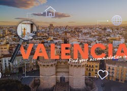 Tekst ‘Find your accommodation in Valencia’ met iconen en de stad op de achtergrond.