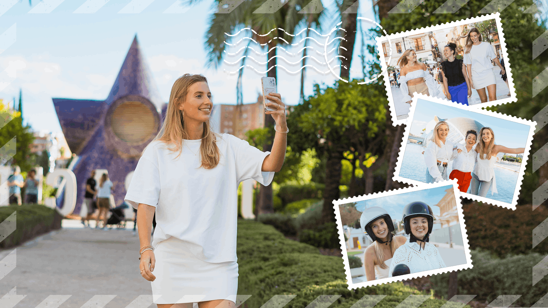 girl with a phone in her hand and next to her pictures with some friends