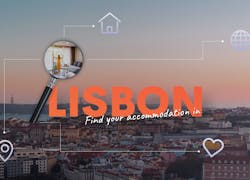 De naam 'Lisbon' met daaromheen symbolen van een hart, huis, de wereld en een pin met de stad op achtergrond