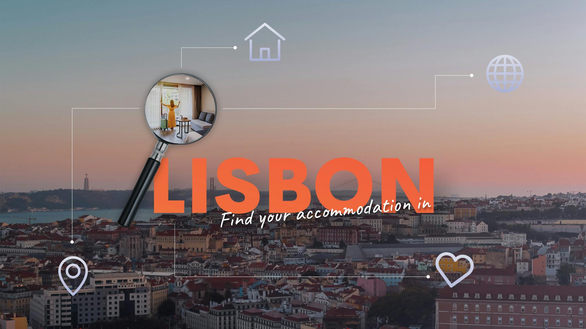 De naam 'Lisbon' met daaromheen symbolen van een hart, huis, de wereld en een pin met de stad op achtergrond