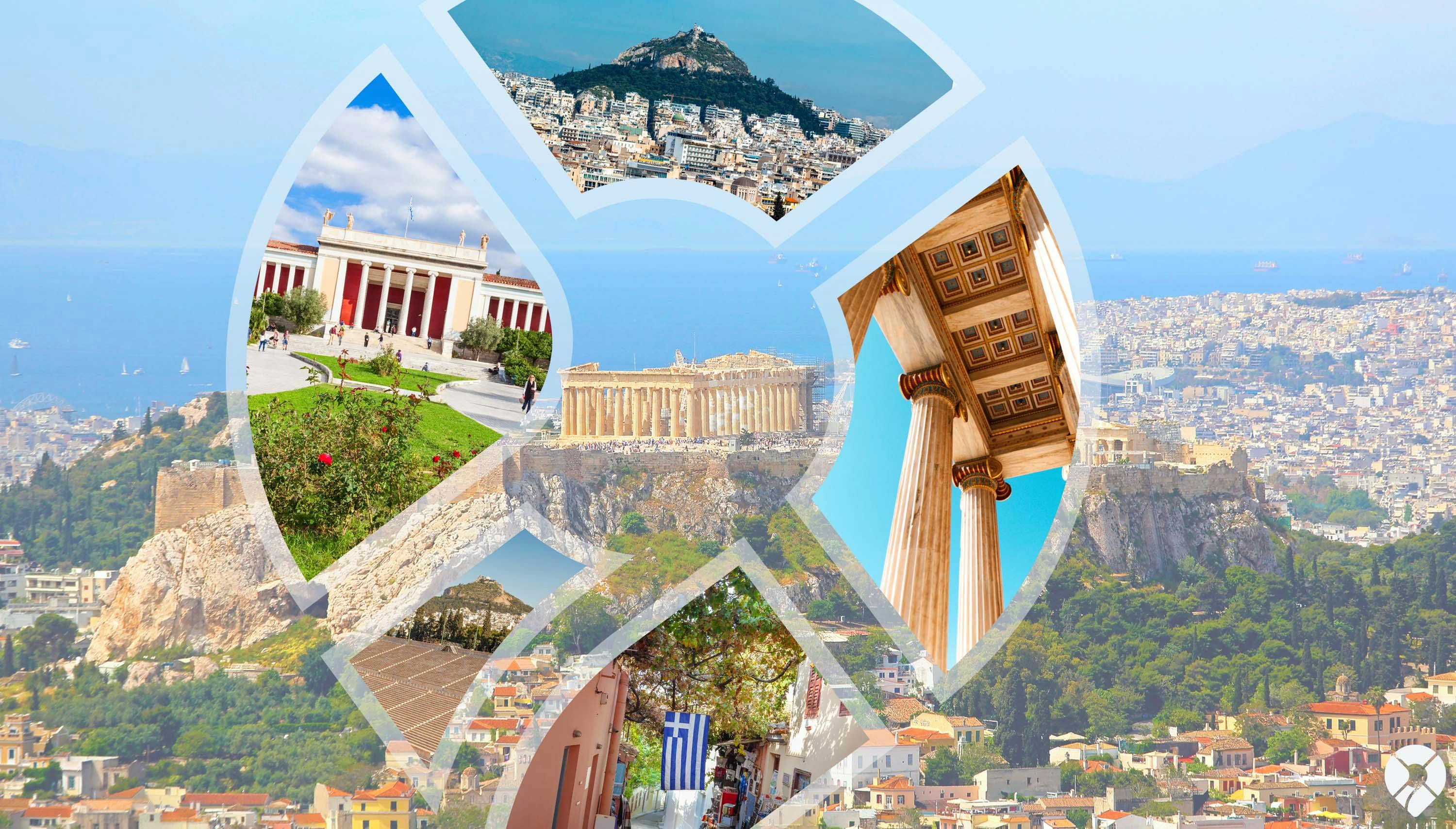 Een visual van verschillende mooie plaatsen in Athene met een grote foto van Athene erachter