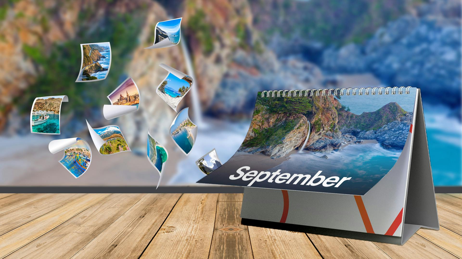 Kalender mit einer Klippe als Titelbild aus dem kleine Bilder fliegen