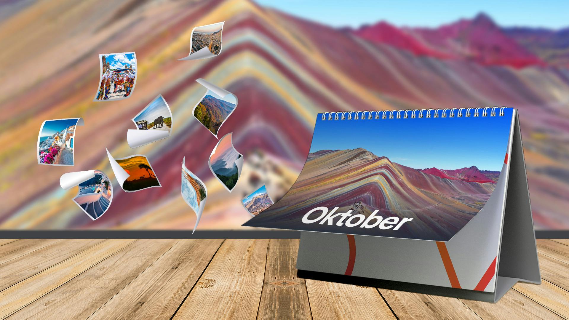 Kalender van oktober met een soort gekleurde woestijn en kleine foto's van steden die er uit lijken te vliegen