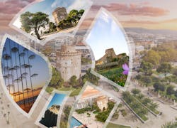 Symbool van een pin gevuld met foto’s van hotspots in Thessaloniki: de Witte Toren, een sculptuur met paraplu's en een berg