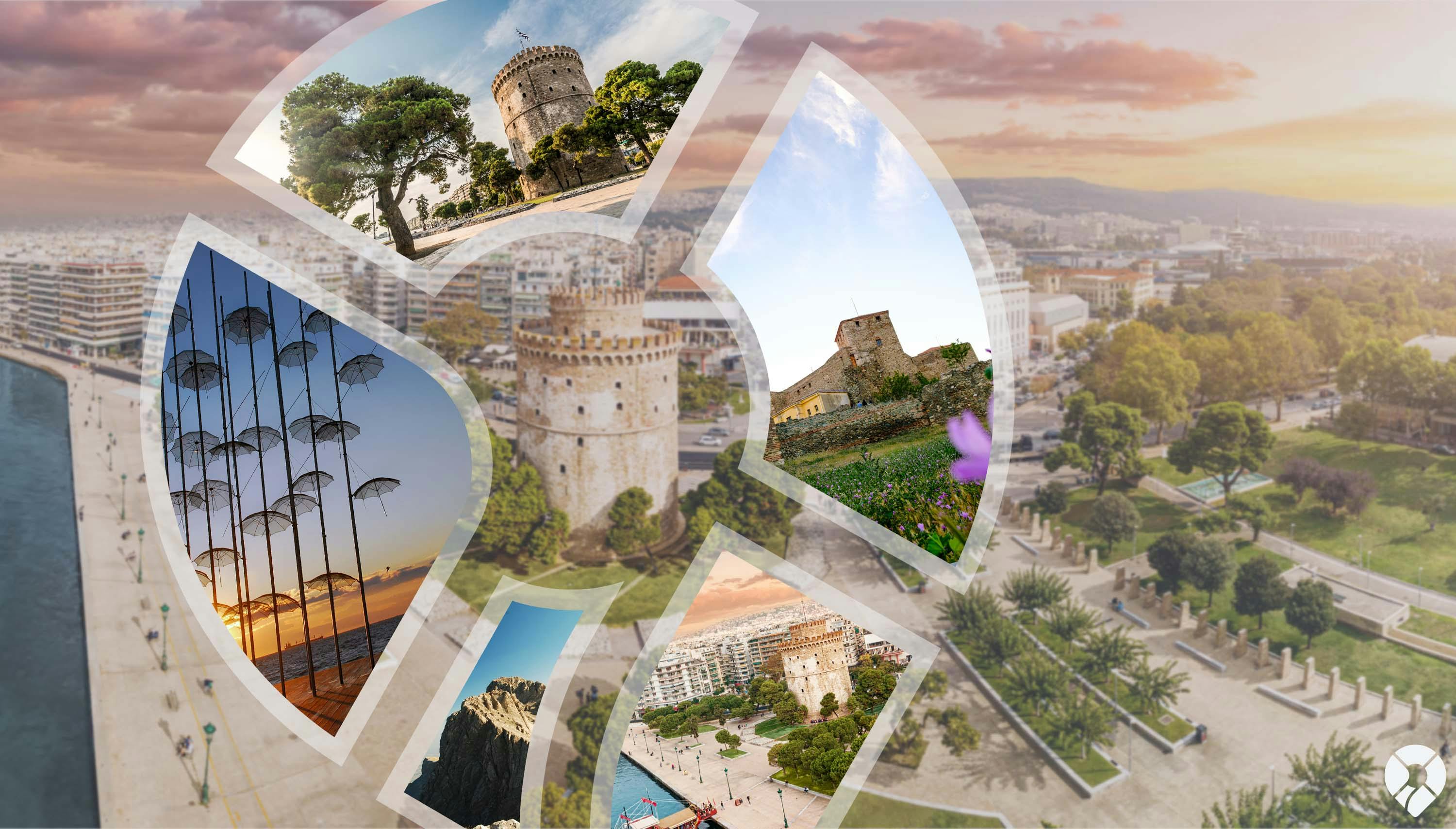 Symbool van een pin gevuld met foto’s van hotspots in Thessaloniki: de Witte Toren, een sculptuur met paraplu's en een berg