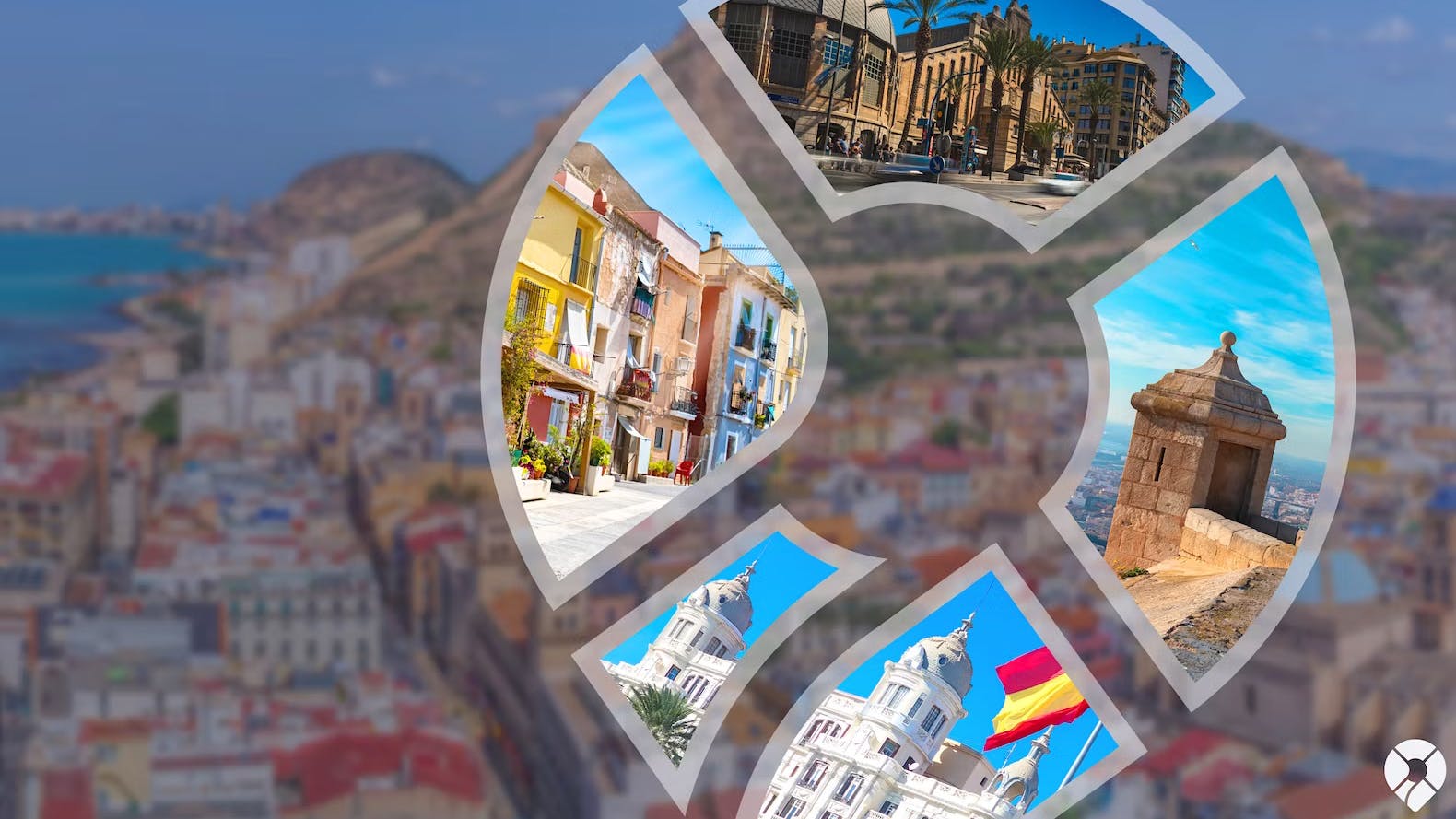 mehrere keine Bilder von Alicante mit einer Spanien Flagge, Häusern und einer Burg
