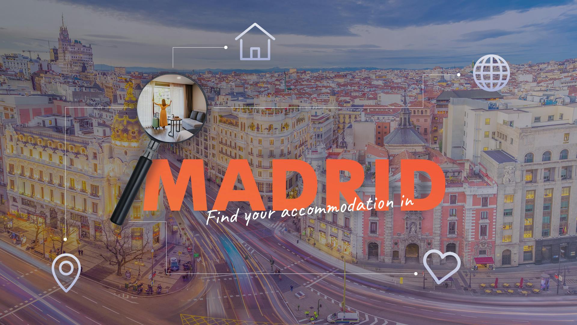 Het woord ‘Madrid’ met daaromheen een foto van een vrouw die gordijnen opent in een kamer, omringd door symbolen van een huis, een hart, een pin en de wereld, met op de achtergrond een drukke straat