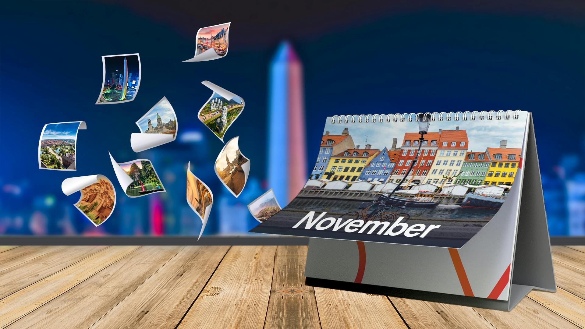 Kalender van november met gekleurde huisjes en kleine foto's van steden die er uit lijken te vliegen