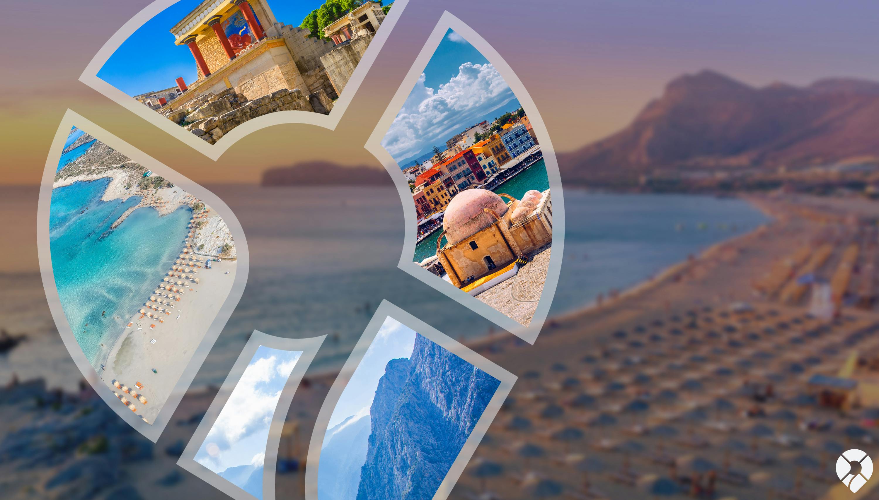 Symbool van een pin gevuld met foto’s van hotspots op Kreta: historische gebouwen, een strand met kristalhelder water, bergen en gekleurde huisjes