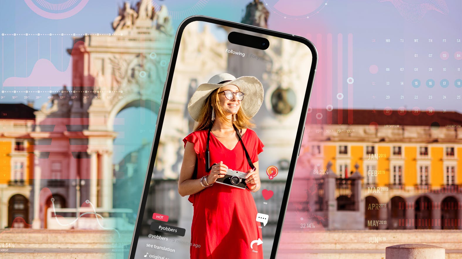 Frau in rotem Jumpsuit mit Kamera auf einem Smartphone Display und im Hintergrund Lissabon