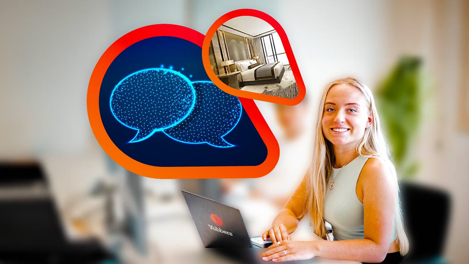 blondes Mädchen arbeitet am Laptop und lacht in die Kamera neben Sprechblasen