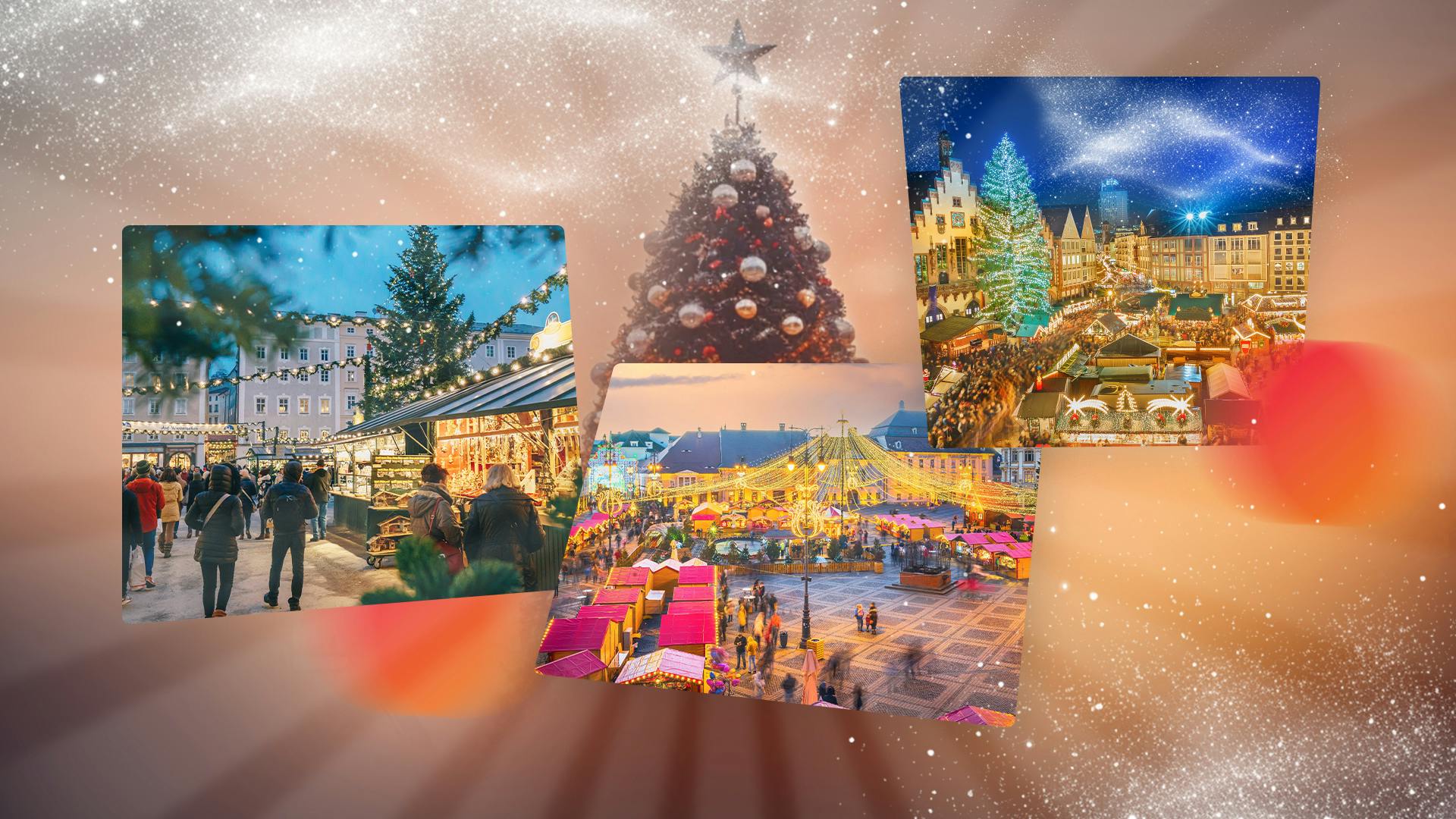 Drie foto's van verschillende kerstmarkten met lichtjes, kerstbomen en stalletjes. Op de achtergrond een grote kerstboom