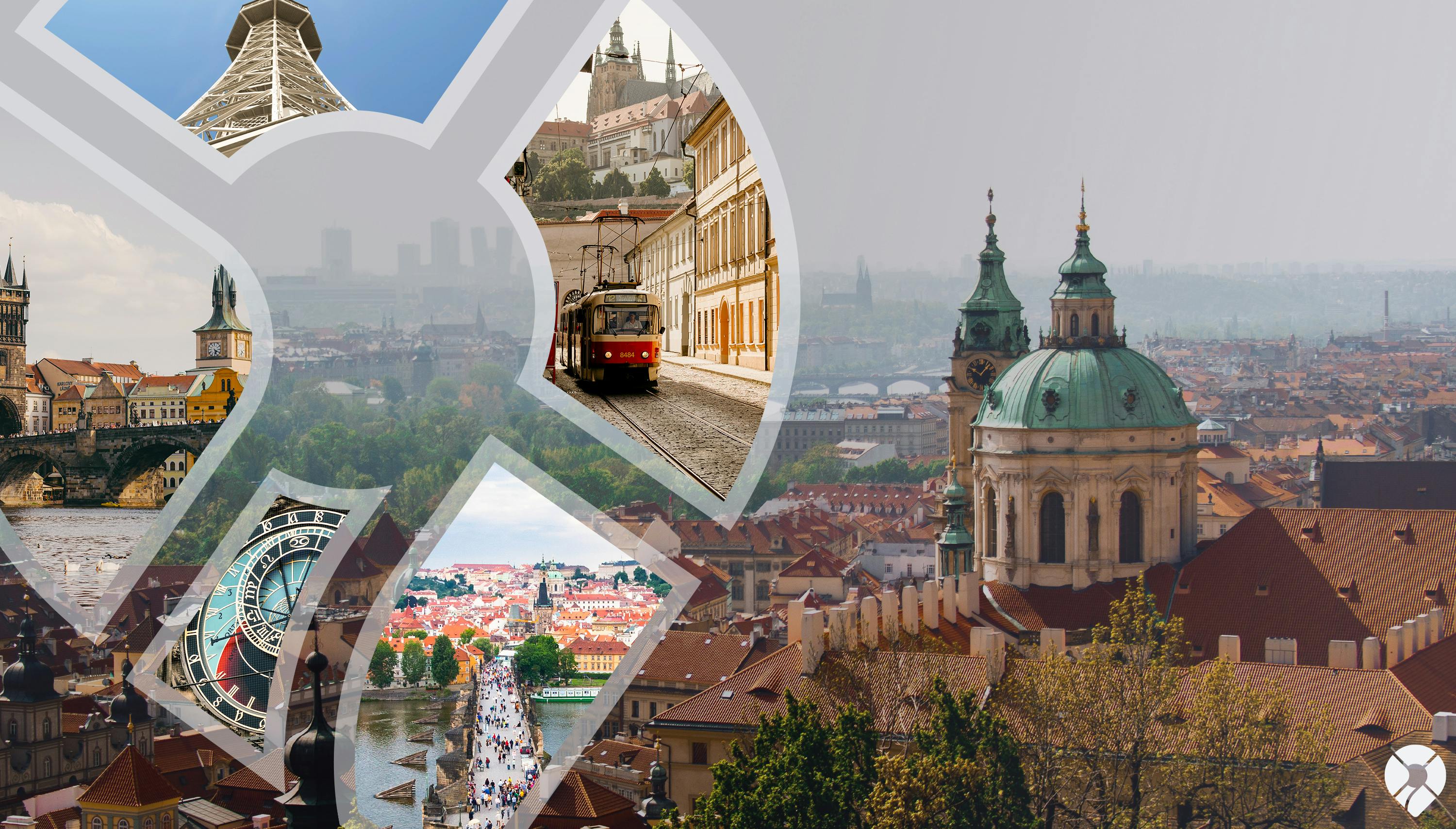 verschillende stukken van Praag in een visual met een grote foto van de stad Praag eracther