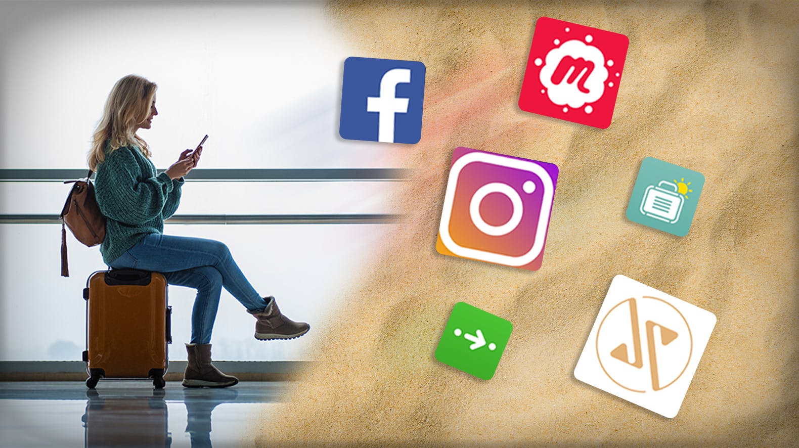 Een vrouw op haar telefoon die op een koffer zit en rechts verschillende apps, zoals Instagram, Facebook en Meetup