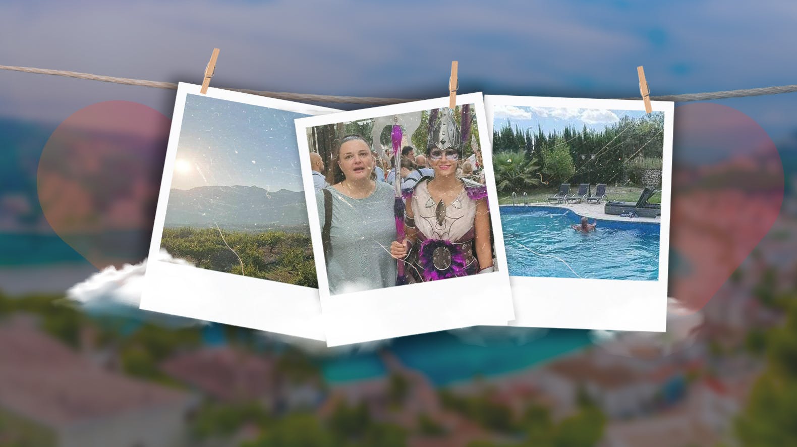 Drie polaroidfoto's aan een lijn een foto met bomen en bergen, een foto met twee vrouwen waarvan er een verkleed is en een foto van iemand in een zwembad