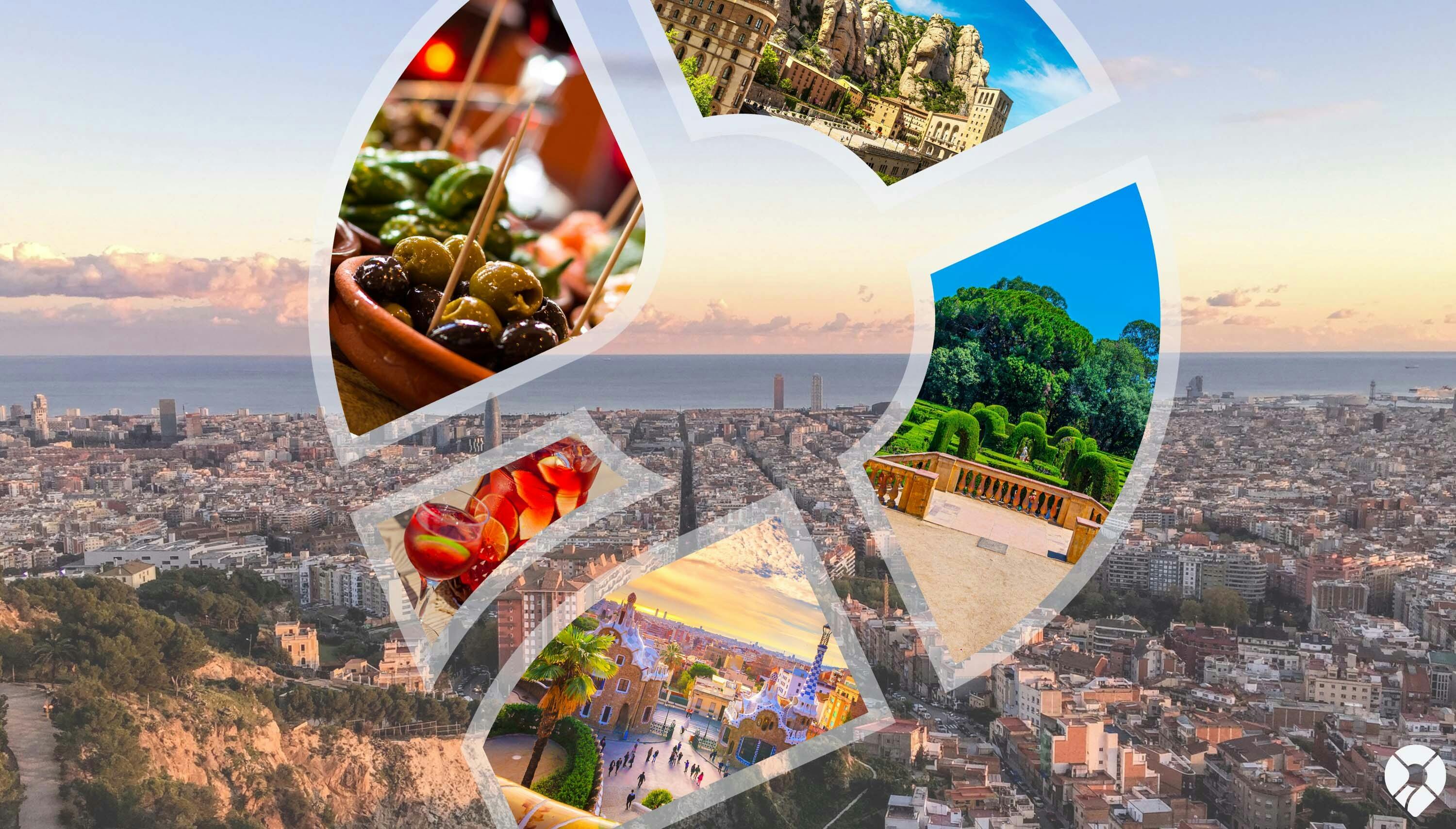 Bild von Barcelona von oben mit vielen Gebäuden und dem Meer und davor kleine Bildausschnitte