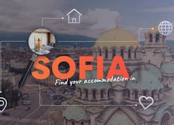 oranger Slogan der sagt Finde deine Unterkunft in Sofia