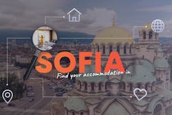 oranger Slogan der sagt Finde deine Unterkunft in Sofia