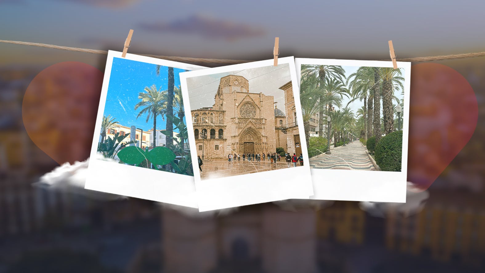 Drie polaroidfoto's met een foto van de de boulevard in Alicante, een foto van een historisch gebouw op een plein in Valencia en een foto van palmbomen en een blauwe lucht